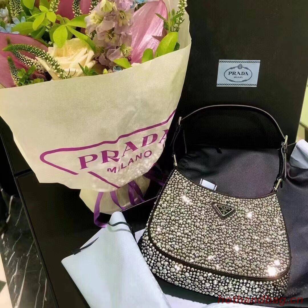 Prada leather shoulder bag with artificial crystals tote 1BN169 black Prada leather shoulder bag with artificial crystals tote 1BN169 black