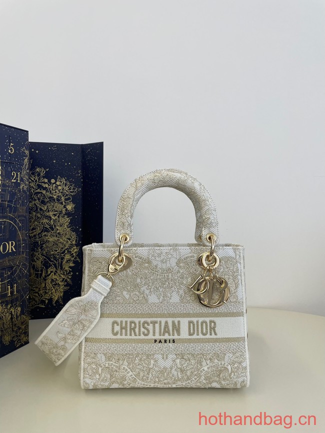 MEDIUM DIOR LADY D-LITE BAG Gold-Tone and White Butterfly Around The World Embroidery M0565OE