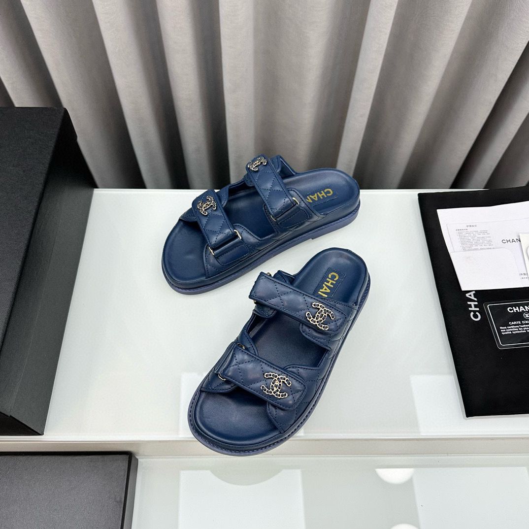 Chanel Original Leather Slipper Shoes HM30212 Dark Blue