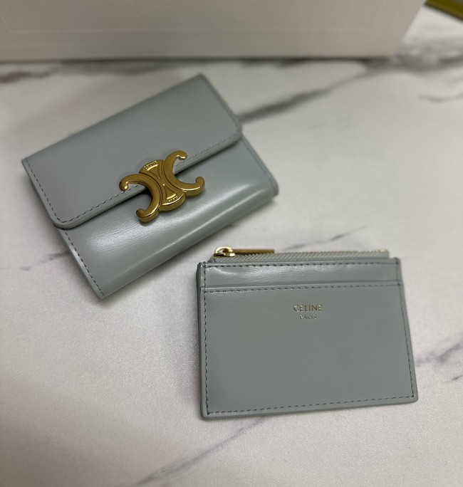 Celine SMALL FLAP WALLET TRIOMPHE IN SHINY CALFSKIN 10L653 light gray