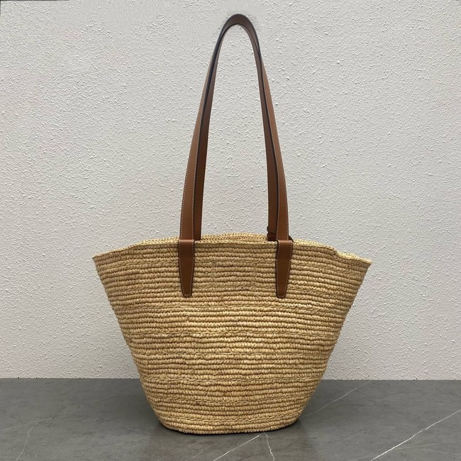 Celine MEDIUM SUPPLE CELINE CLASSIC PANIER IN RAFFIA AND CALFSKIN 114342 TAN