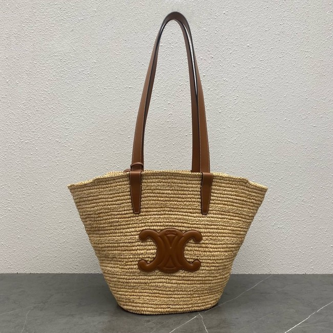 Celine MEDIUM SUPPLE CELINE CLASSIC PANIER IN RAFFIA AND CALFSKIN 114342 TAN