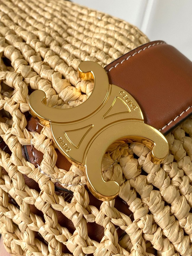 Celine SMALL LOUISE BUCKET IN RAFFIA AND CALFSKIN 119173 NATURAL & TAN