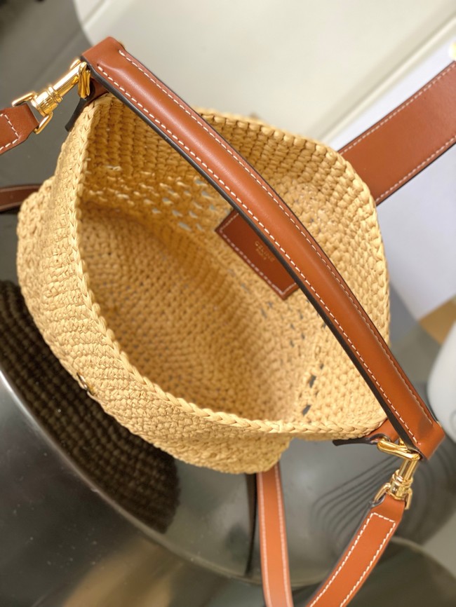 Celine SMALL LOUISE BUCKET IN RAFFIA AND CALFSKIN 119173 NATURAL & TAN