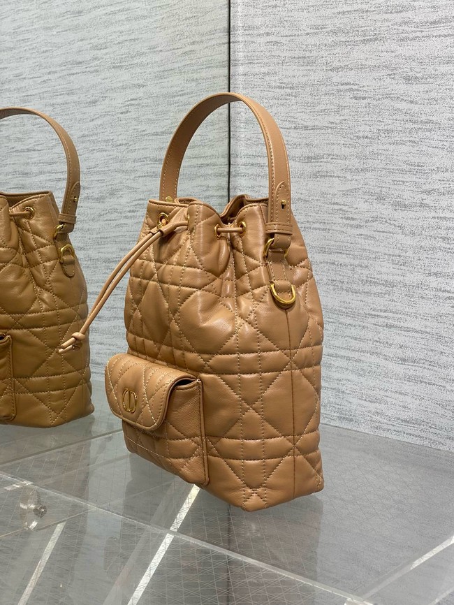 Small Dior Caro Bucket Bag Macrocannage Lambskin M3372 Light Gold-Tone