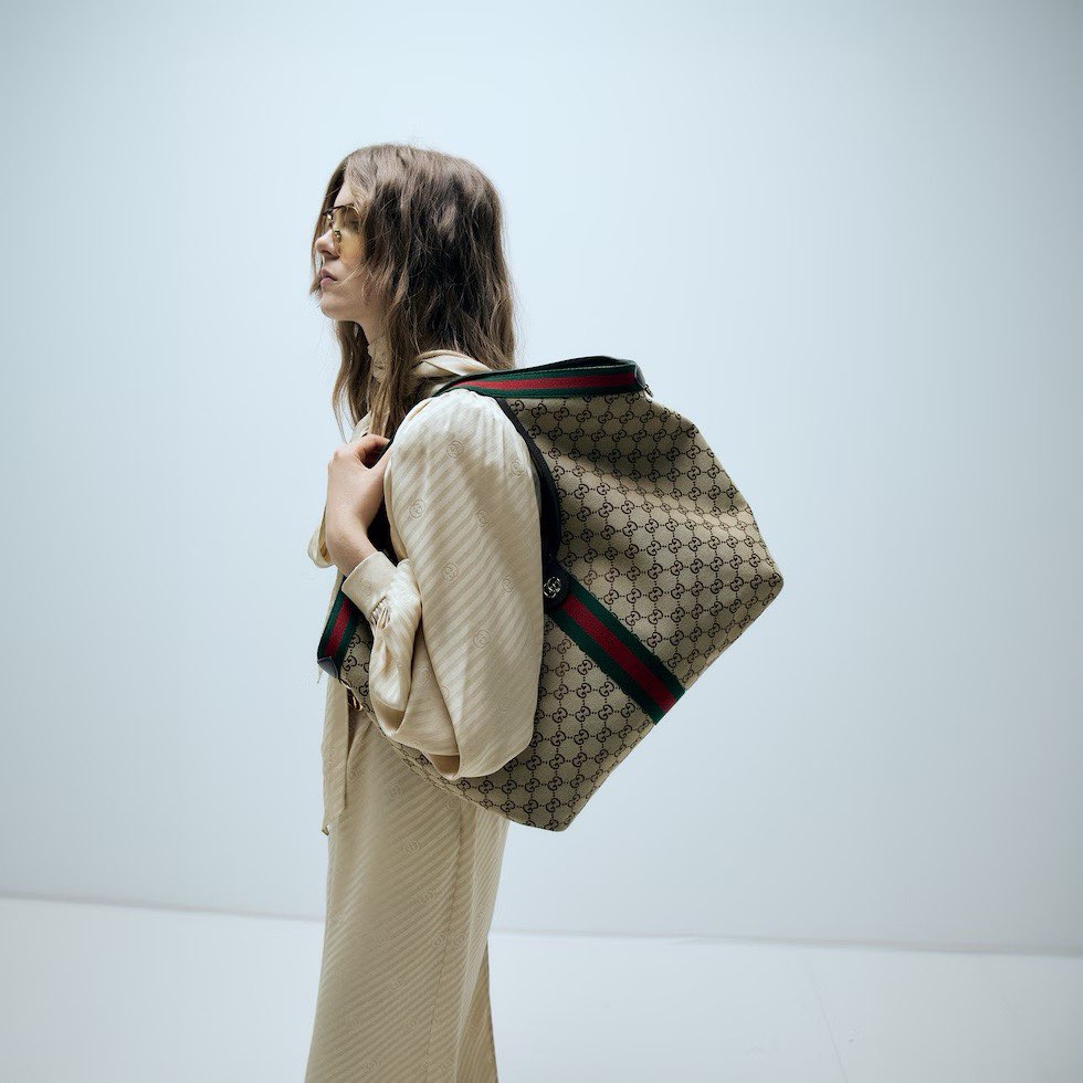 Gucci Giglio Large Tote Bag Variation Beige and Brown GG Canvas 853971