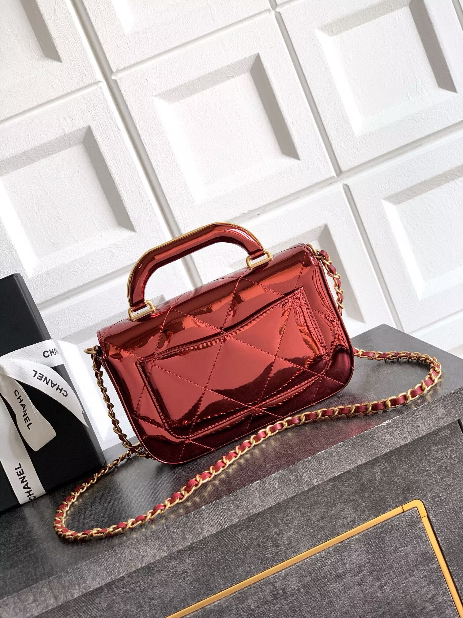 Chanel 25K Original Patent Leather Top Handle Bag  A6320 Wine