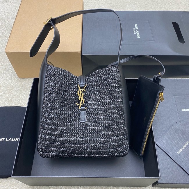 Saint Laurent LE 5 A 7 supple small in raffia and leather 823812 black