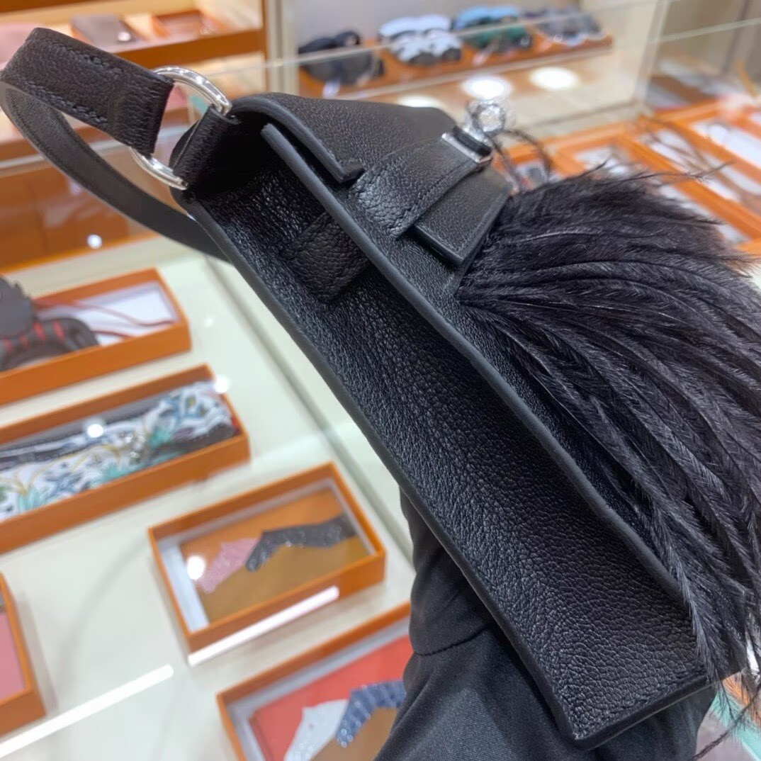 Hermes Kelly Elan Original Leather Ostich Feathers Bag 83210 Black
