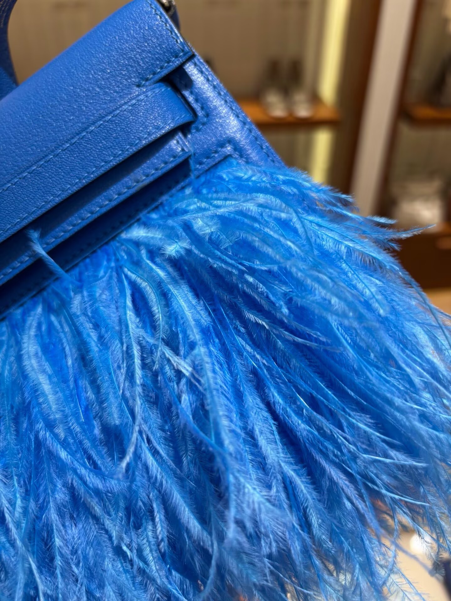Hermes Kelly Elan Original Leather Ostich Feathers Bag 83210 Blue
